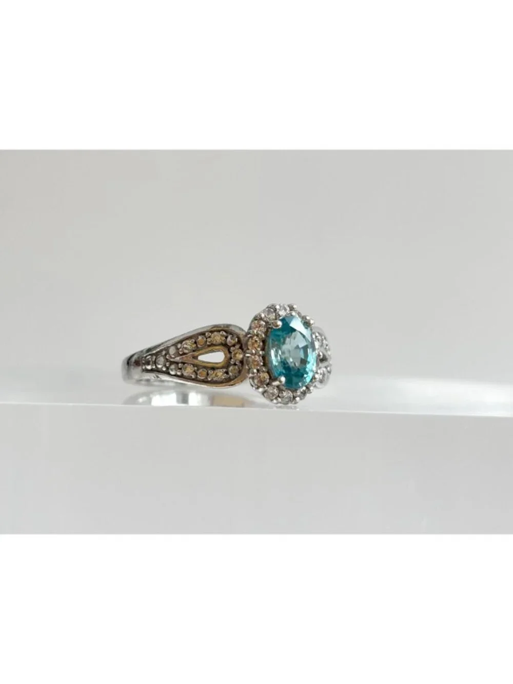 Blue Topaz Halo Style Multi Gemstone Sterling Silver 925 Vintage Ring - sz 8
